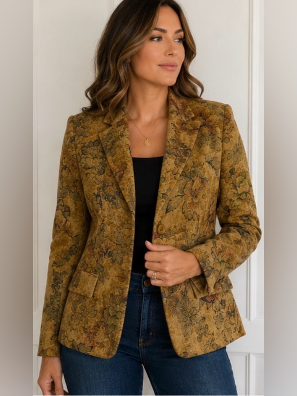 Grace Elements Women’s Size 8 Floral Tapestry Blazer Gold Brocade Jacket Cottage